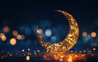 Poster - Golden crescent moon with intricate design on dark background.