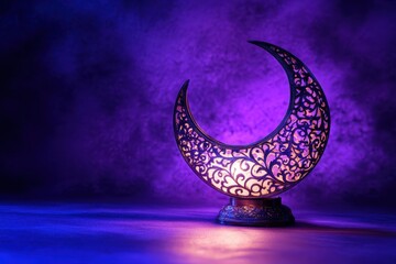 Poster - Illuminated crescent moon decor on purple background.
