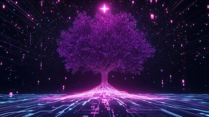 Glowing purple tree digital data network