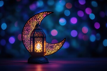 Poster - Illuminated lantern inside crescent moon, bokeh background.