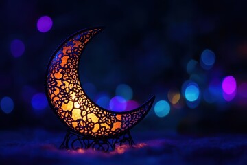 Poster - Illuminated crescent moon lantern on snowy surface with bokeh background.