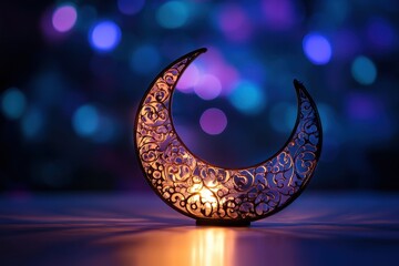 Poster - Illuminated crescent moon decoration on bokeh background.