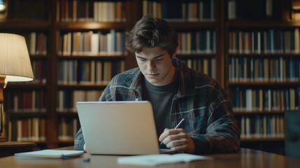 Poster - A dedicated student engages deeply with his laptop, taking notes and surrounded by towering bookshelves. The warm glow of a lamp enhances the tranquil atmosphere perfect for studying