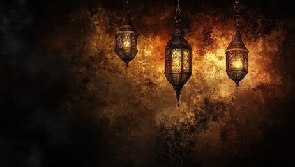 Poster - Three illuminated antique lanterns hanging against a dark textured wall.