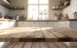 © noman - Empty wooden table top with a blurred kitchen interior background for product display montage, modern country-style kitchen room interior design, white cabinets and a wood countertop, blurred light