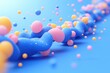 © Aleksander - A colorful abstract representation of a flowing structure made of blue, pink, and yellow spheres and shapes, set against a soft blue background. 3d rendering cute illustration creative scene.
