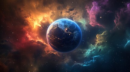 Wall Mural - A majestic view of planet Earth surrounded by cosmic clouds and distant stars in deep space