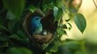 © fahad - A blue bird with its head in the leaves of an open heart-shaped tree, trying to reach for its baby bird's nest which is hanging from one leaf at a high altitude