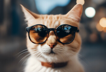 Wall Mural - funny portrait cat sunglasses pet fun animal summer white goggles humor cute background shades sun small happy fluffy felino closeup beauty young retro fashion cool wearing grey head