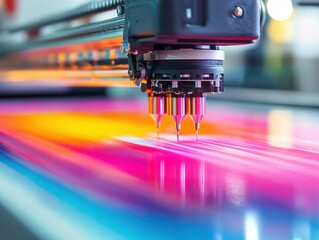 High-tech printing machine creating vibrant colored patterns.