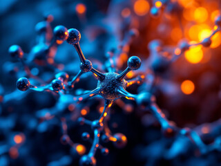 Wall Mural - molecule structure visualization in blue and orange displays scientific concepts and innovation