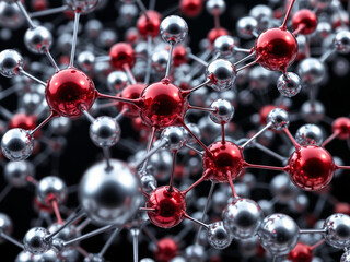 Wall Mural - molecular structure connects silver and red atoms in a complex network against a dark backdrop scien