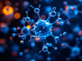 Wall Mural - molecule structure visualization shows complex atomic connections in blue light against a dark backd