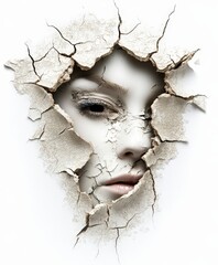 Poster - Surreal Concept of a Woman's Face Emerging from Cracked Surface