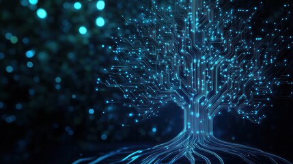 Glowing digital tree, circuit board branches, bokeh background, technology concept