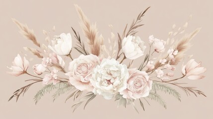 Wall Mural - Elegant blush pink and white floral arrangement with pampas grass, perfect for wedding invitations