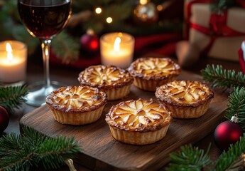 Wall Mural - Festive Table Arrangement with Delicious Pastries, Red Wine, Candles, and Christmas Decorations Featuring Holiday Elements and Cozy Atmosphere