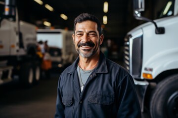 Wall Mural - Smiling portrait of a middle aged Mexican male tow truck driver