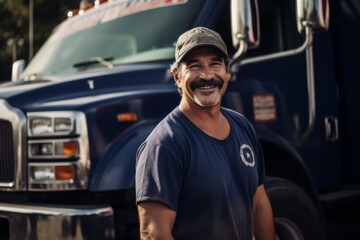 Wall Mural - Smiling portrait of a middle aged Mexican male tow truck driver