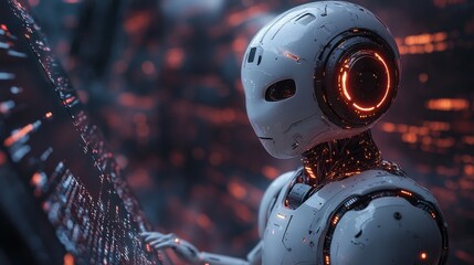 3D rendering of a female robot with neon lights in the background
