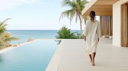 Wall Mural - serene luxury poolside scene with woman walking gracefully