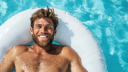 man relaxing on giant inflatable in pool, enjoying sun and water