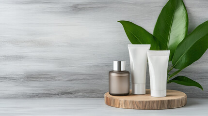 Wall Mural - Minimalist skincare products on wooden tray with green leaves