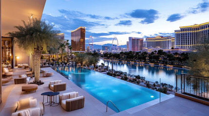 Sticker - Luxurious casino view with stunning skyline and serene poolside ambiance