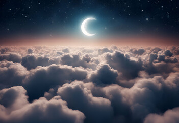 Wall Mural - glowing sky moon bright clouds background fluffy starry banner crescent night cloud star romantic fa