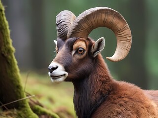 Wall Mural - Mouflon, Ovis orientalis, forest-horned animal in its natural habitat, portrait of mammal with large horns