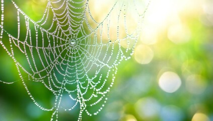 Beautiful photograph of a spider web with dew drops on silk in the morning light with a blurred background
