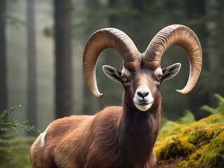 Wall Mural - Mouflon, Ovis orientalis, forest-horned animal in its natural habitat, portrait of mammal with large horns