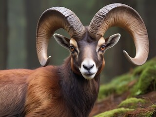 Wall Mural - Mouflon, Ovis orientalis, forest-horned animal in its natural habitat, portrait of mammal with large horns