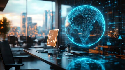 Fototapete - Futuristic office desk with abstract globe overlay, computer, and digital elements, modern workspace, 3D render