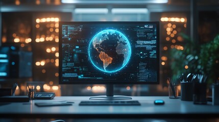 Aufkleber - Futuristic office desk with abstract globe overlay, computer, and digital elements, modern workspace, 3D render