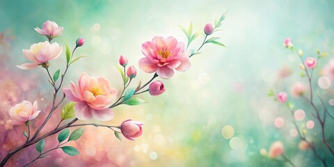 Wall Mural - Delicate Pink Blossoms on a Branch Against a Soft, Dreamy Background of Pastel Hues