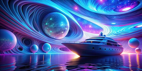 Wall Mural - a luxurious yacht docked in a surreal, vibrant, cosmic harbor, illuminated by celestial bodies and g