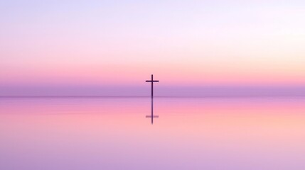 Wall Mural - Tranquil Reflection of a Tall Cross on Glassy Water Surface at Dusk