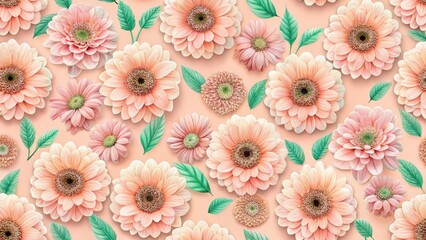 Wall Mural - Peach-Colored Floral Pattern Delicate Gerbera Daisies and Lush Greenery on a Soft Background