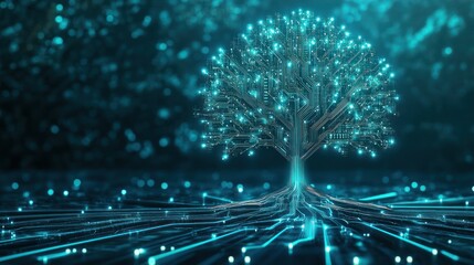 Glowing digital tree, network roots, data visualization, abstract background; tech concept