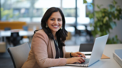 Aufkleber - A diligent business professional in her 30s smiles while working on her laptop in a bright, contemporary office. Surrounded by a lively atmosphere, she showcases confidence and focus during her tasks