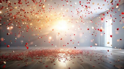 Wall Mural - A Serene Interior Space Filled with Falling Rose Petals and a Glimmering Light
