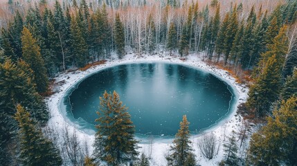 Wall Mural - Frozen lake in snowy forest, aerial view