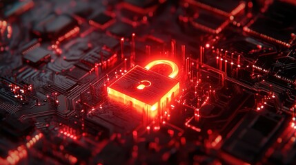 Poster - Glowing red padlock on circuit board, digital security concept. Illustrates data protection, cybersecurity, and online safety.