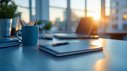 Poster - Office desk at sunset with notebook and cup