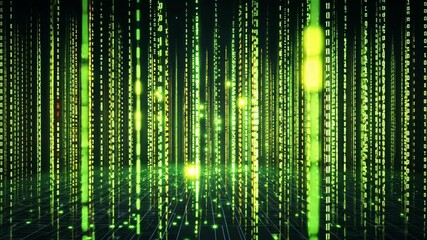 Fototapete - Futuristic digital matrix green code rain animation in virtual reality environment