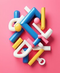 Poster - Colorful Abstract Shapes Arrangement on Bright Pink Background