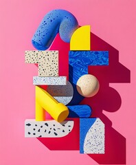 Poster - Colorful Geometric Shapes and Patterns Against a Pink Background
