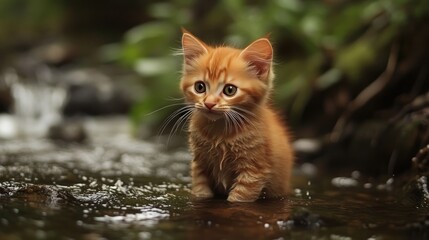 Wall Mural - Orange Kitten Playing in a Forest Stream