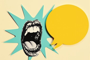 Wall Mural - Open mouth with speech bubble on pastel background, pop art style, communication concept. Ai generative